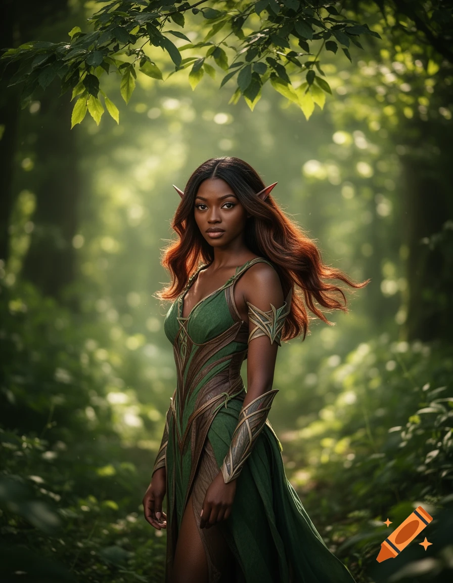 A dark-skinned elf woman with long brown hair in an ornate green dress stands in a lush, sun-dappled forest.