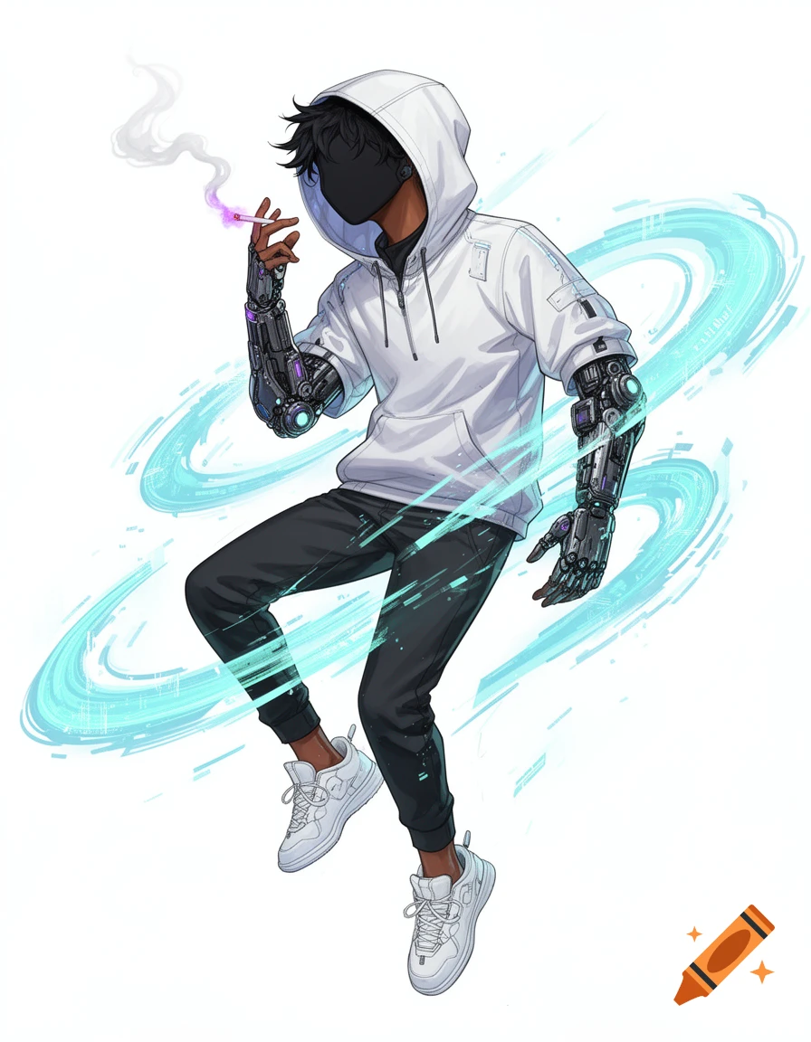 Anime concept art of a male cyberpunk character with dark skin, wearing a white hoodie and a black faceless mask, floating mid-air with a robotic arm and holding a cigarette, surrounded by glowing blue energy.