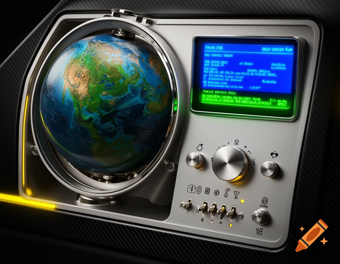 A retro-futuristic device featuring a rotating globe next to a blue LCD screen, surrounded by control knobs and switches.