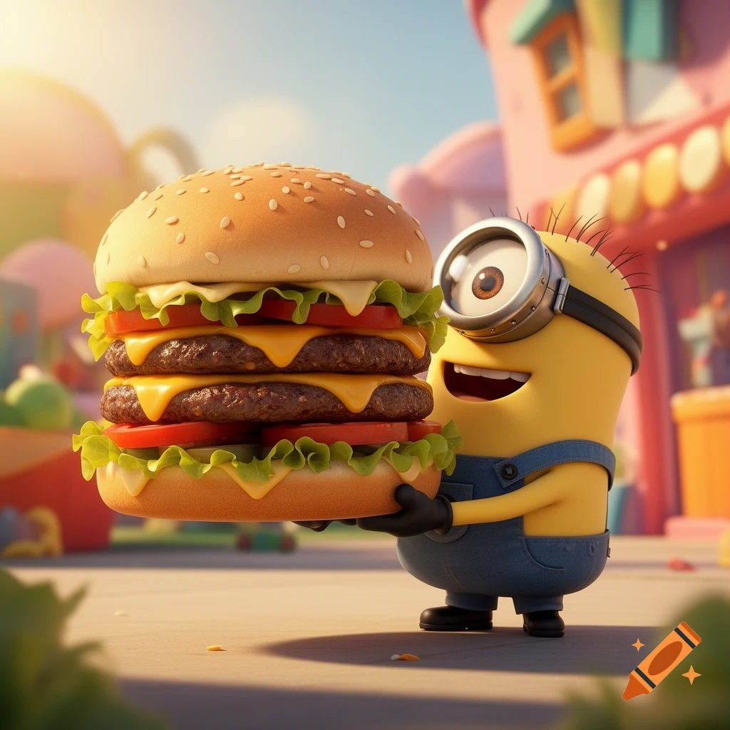 A smiling Minion cartoon character in overalls happily holds a massive double cheeseburger with lettuce, tomato, and cheese, in a bright outdoor setting.