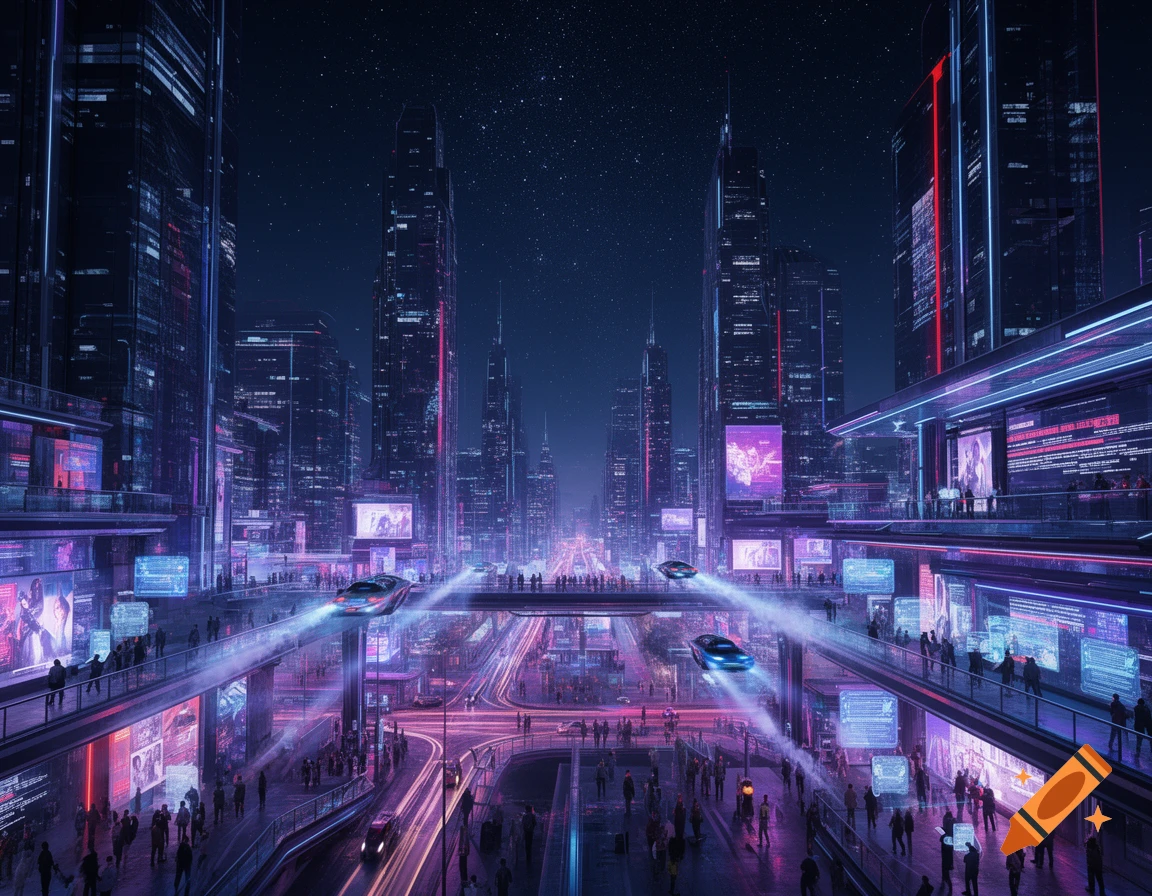 A vibrant, neon-lit futuristic cityscape at night, with towering skyscrapers, flying vehicles, and bustling streets.