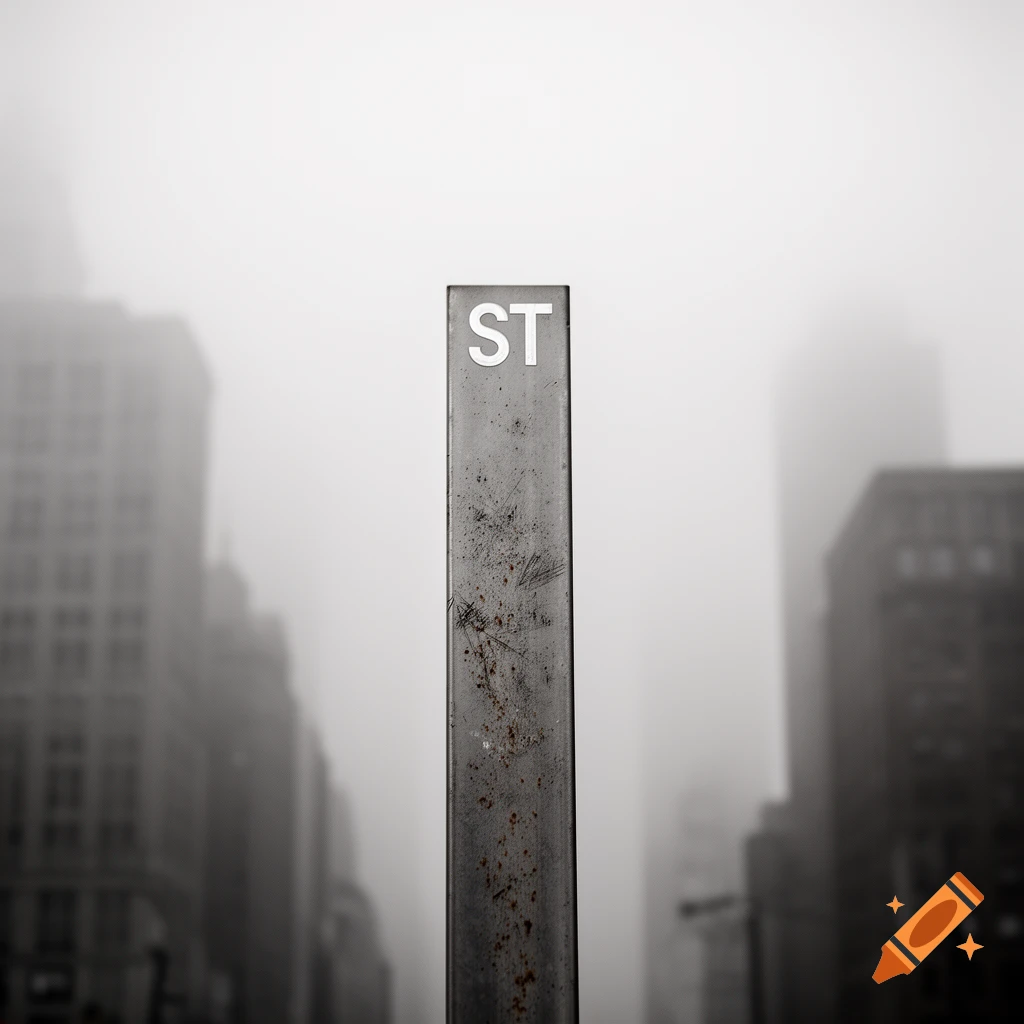 A rusty metal post with 'ST' on it stands centrally in a foggy, monochromatic cityscape with blurred buildings in the background.