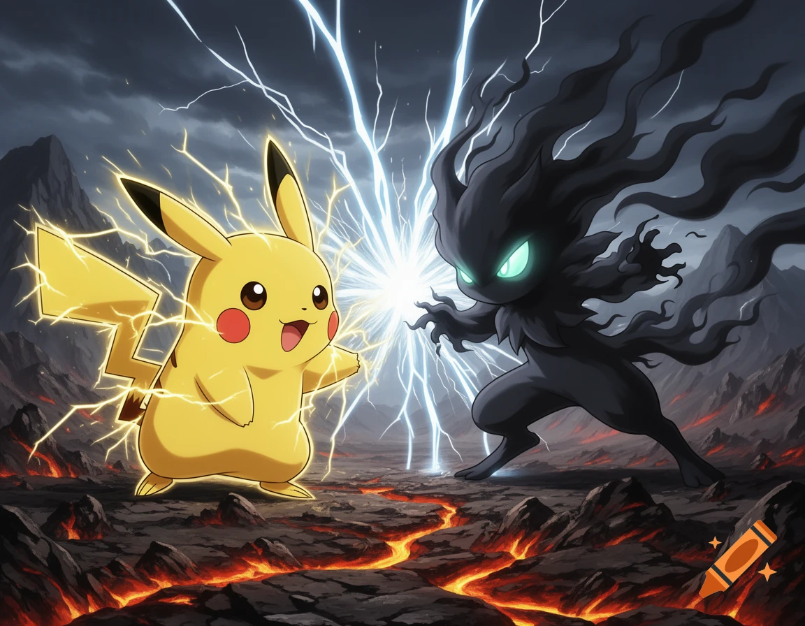 Pikachu and Marshadow battle with lightning and shadowy energy in a stormy volcanic landscape.