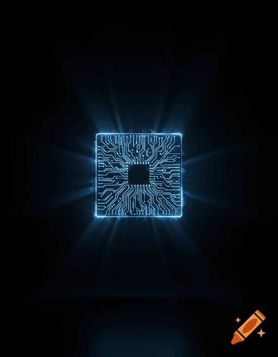 An abstract, glowing blue circuit board with intricate lines on a dark background.