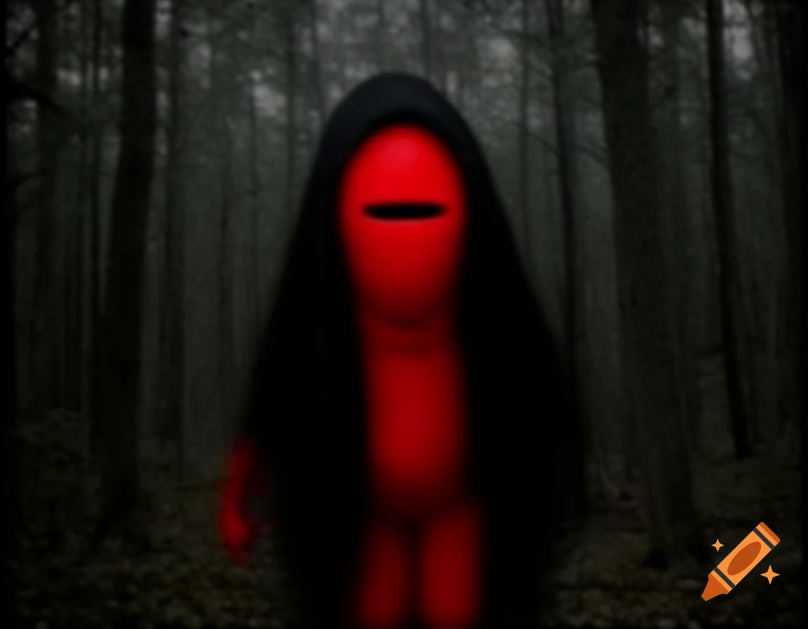 A blurry, low-quality image of a red, faceless humanoid in a black hood with a single horizontal mouth, standing in a dark forest.