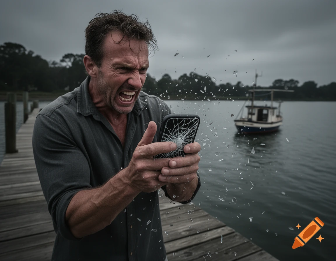 An angry man on a wooden dock yells as he smashes his smartphone, surrounded by shattered glass, with a boat in the cloudy background.