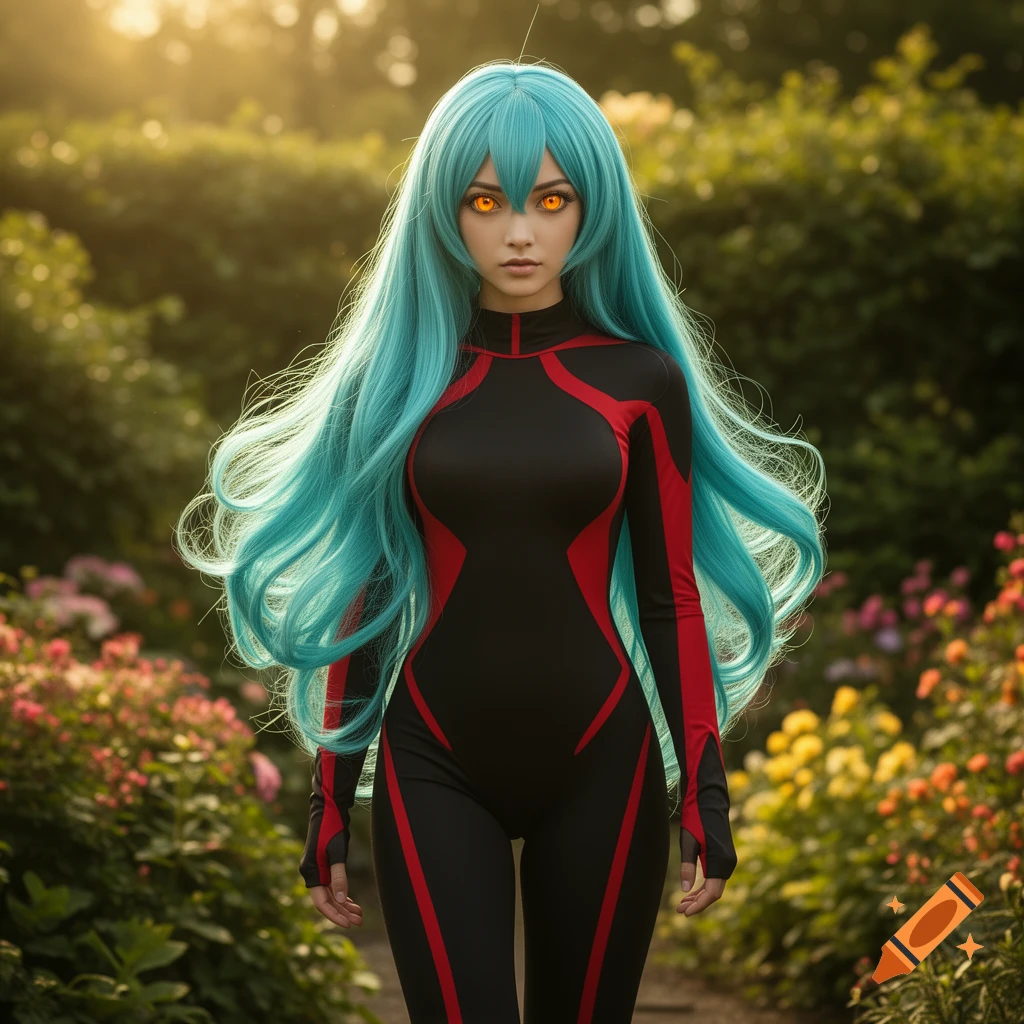 Realistic portrait of a woman with long turquoise hair and glowing orange eyes, wearing a black and red bodysuit, walking in a sunlit garden.