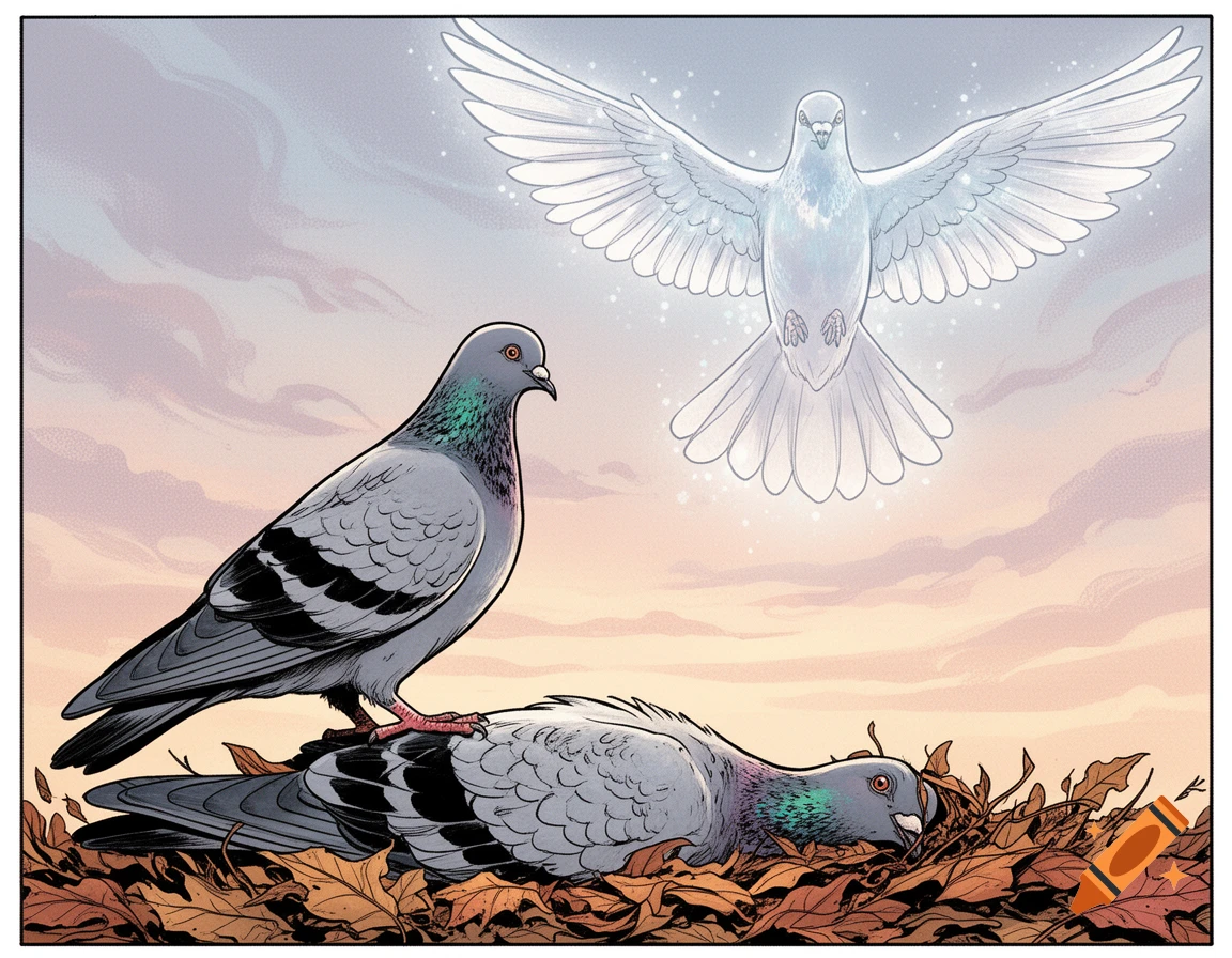 Comic art of a living pigeon standing over a dead pigeon in autumn leaves, with its glowing soul flying above.