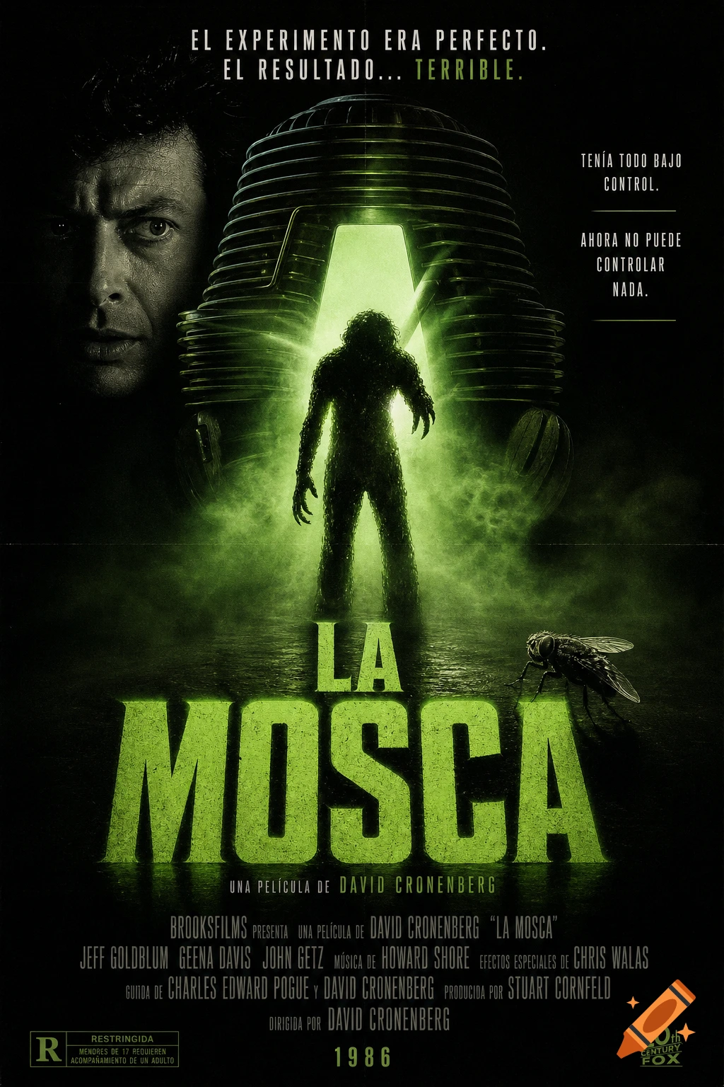 Movie poster for 'The Fly' (1986) in Spanish, featuring Jeff Goldblum, a glowing mutated figure, and a large fly.