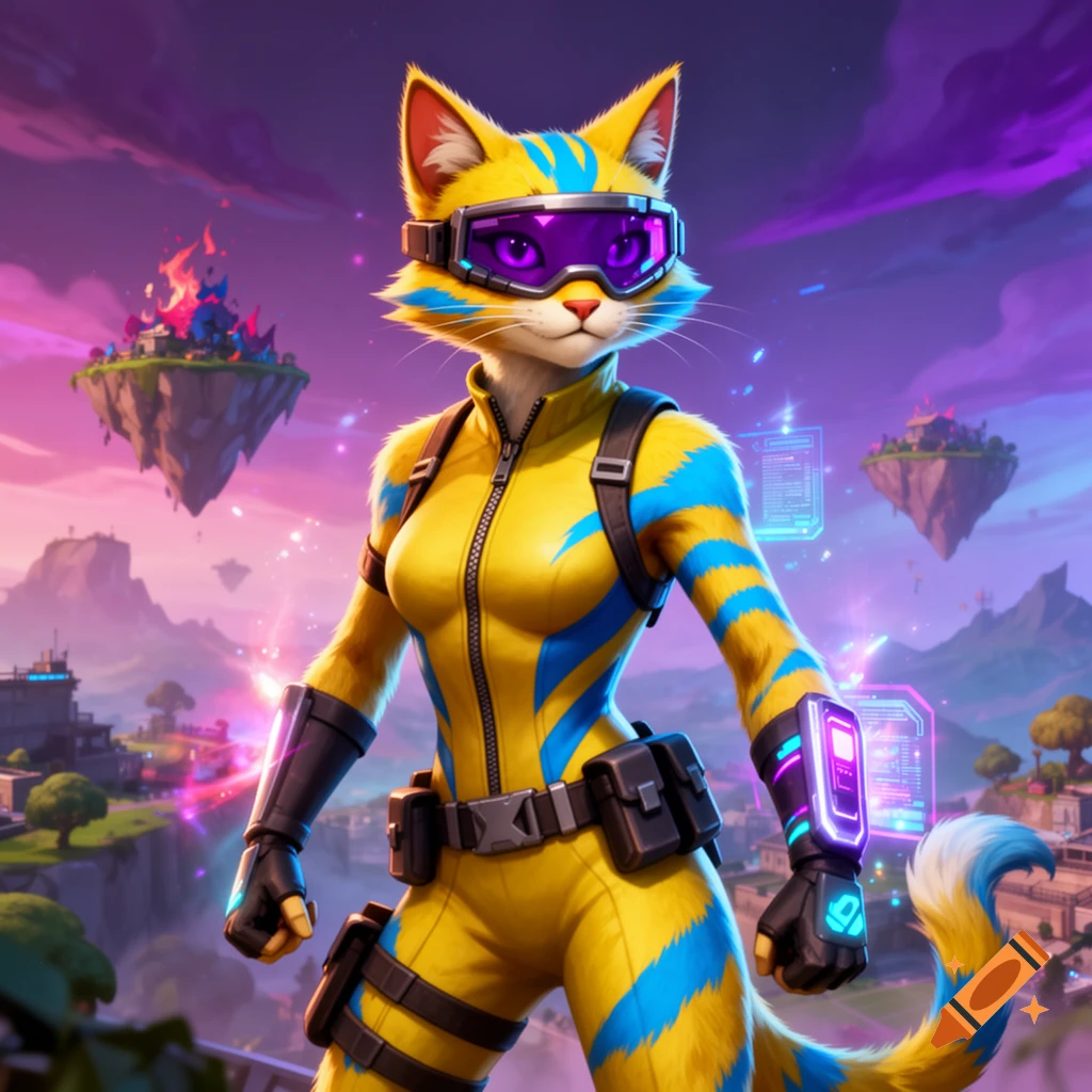 A female anthropomorphic cat in a yellow and blue striped suit with purple goggles and tactical gear, standing in a vibrant fantasy landscape with floating islands under a purple sky.