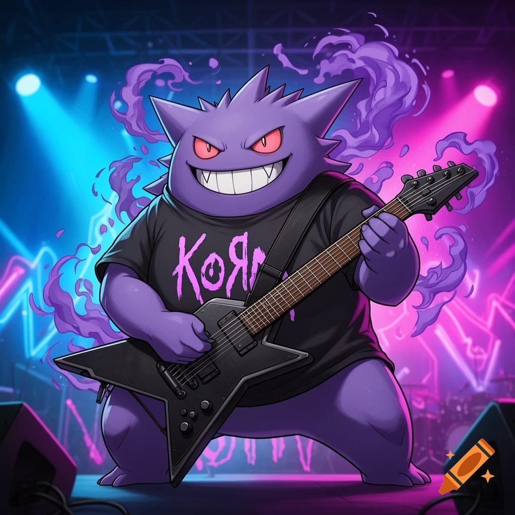 Purple Gengar from Pokemon, wearing a 'Korn' shirt, plays a black rock guitar on a stage with neon lights and purple smoke.