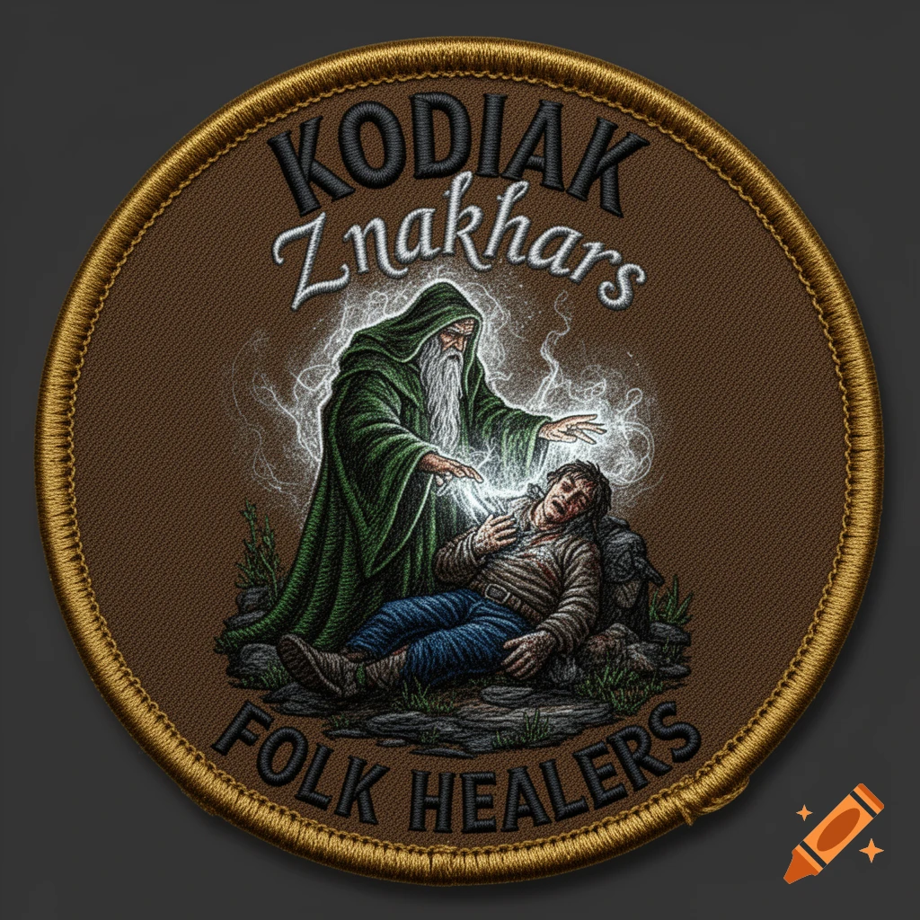 Embroidered round patch featuring a wizard healing a person, with text 'KODIAK Znakhars FOLK HEALERS'.
