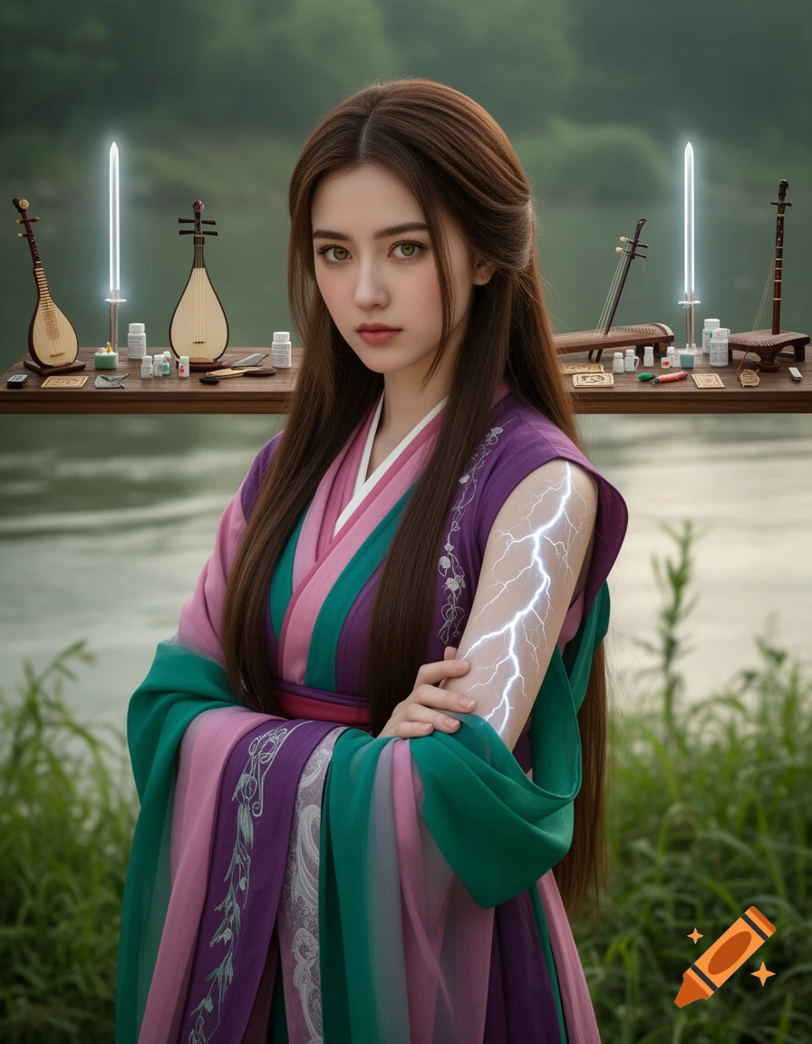 A woman in purple, pink, and green robes with a lightning scar on her arm stands by a river, with glowing swords and instruments behind her.