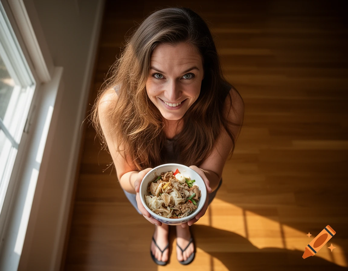 Smiling woman in flip-flops holds a bowl of food, seen from a high-angle perspective indoors with sunbeams.