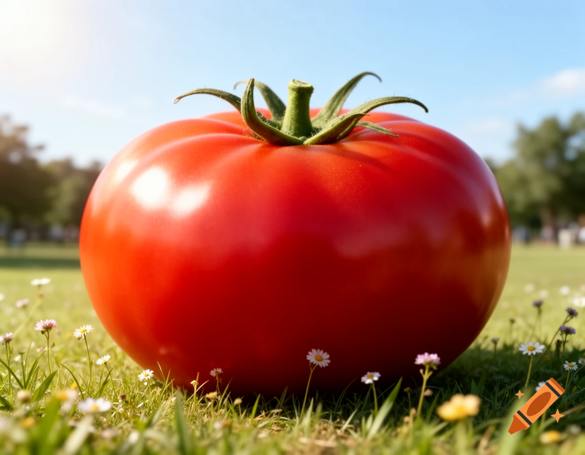 A giant red tomato sits in a lush green field with small white and yellow wildflowers under a bright blue sky.