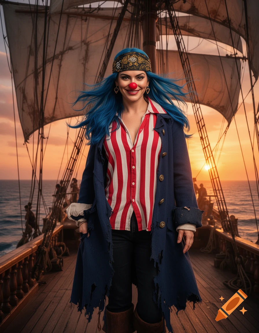 Photorealistic woman resembling Buggy the pirate with blue hair and a clown nose, standing on a ship deck at sunset.