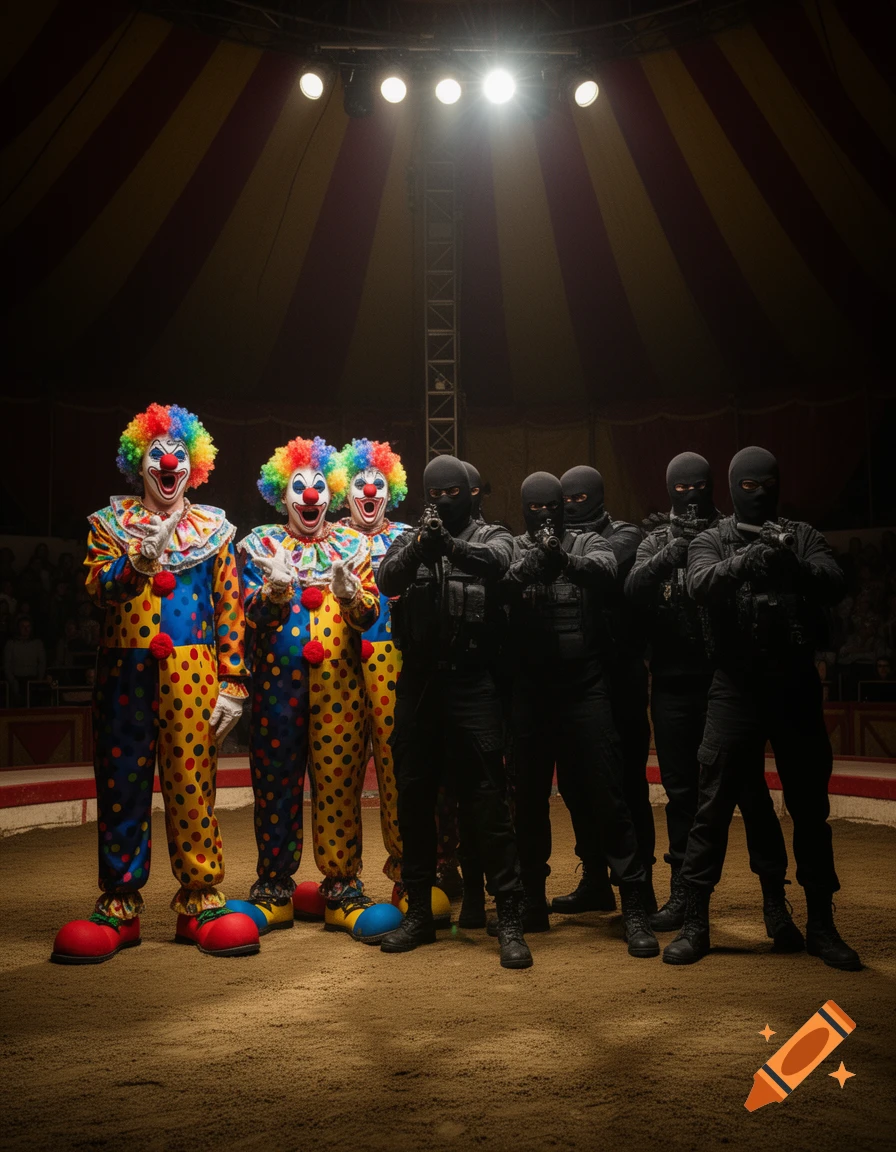 Three colorful clowns and five masked figures in black tactical gear holding rifles stand in a circus ring.