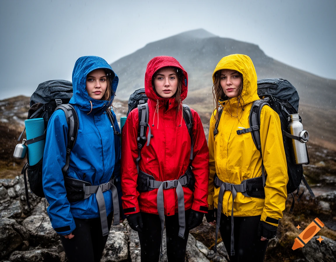 Three young women in colorful rain jackets and backpacks stand on a rocky mountain on a rainy day.