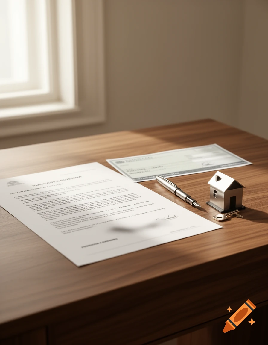 A close-up shot of a wooden desk with a real estate document, a check, a silver fountain pen, a miniature house, and keys. Natural light streams in from a window.