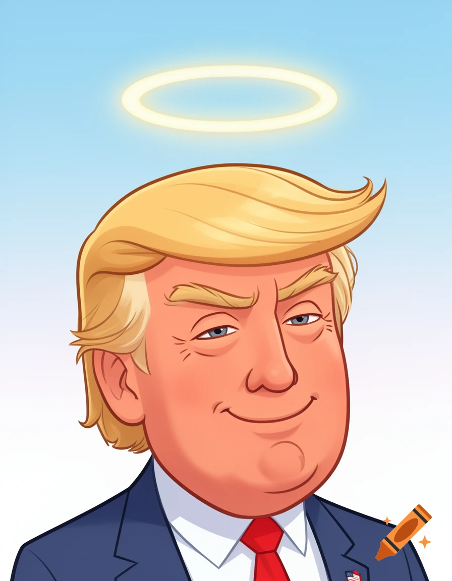 Cartoon caricature of Donald Trump smiling with a glowing halo above his head, wearing a suit and red tie.