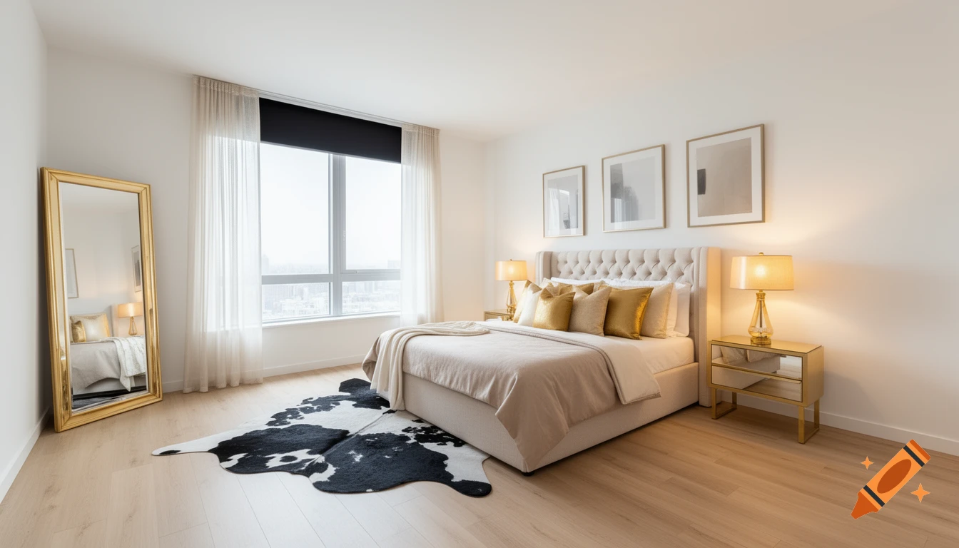 Photorealistic modern bedroom with a tufted king bed, gold pillows, cowhide rug, gold mirror, and large window.