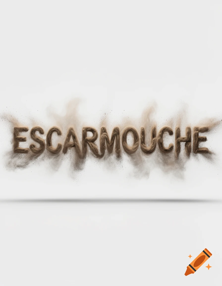 The word ESCARMOUCHE formed by brown dust and smoke particles on a white background.