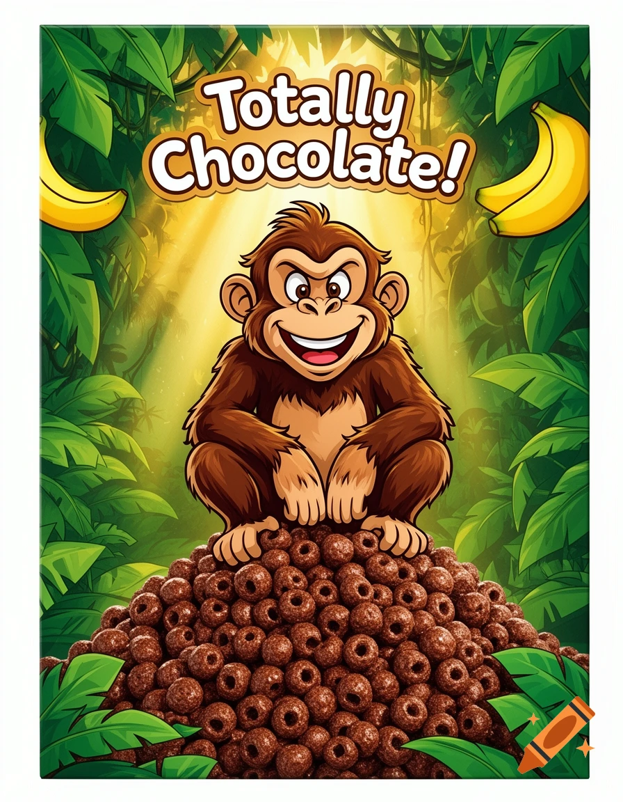 A smiling cartoon monkey sits on a mountain of chocolate cereal loops in a jungle, with bananas and "Totally Chocolate!" text.