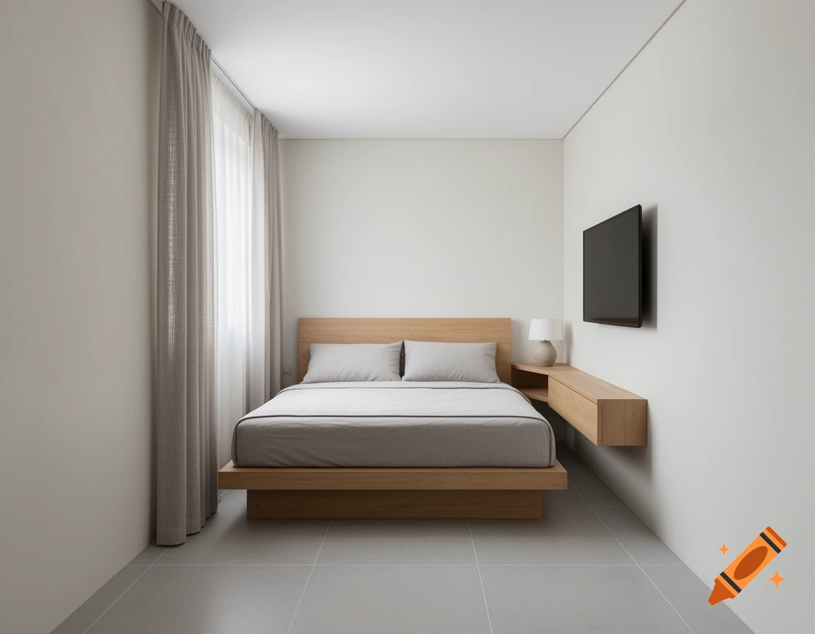 A minimalist bedroom with a wooden bed, gray bedding, a floating nightstand, a lamp, a wall-mounted TV, and light gray curtains.