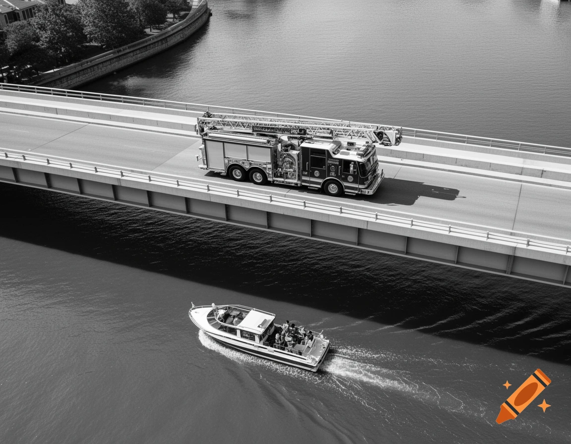 An aerial, black and white view of a fire truck on a bridge over a river, with a boat cruising on the water below.