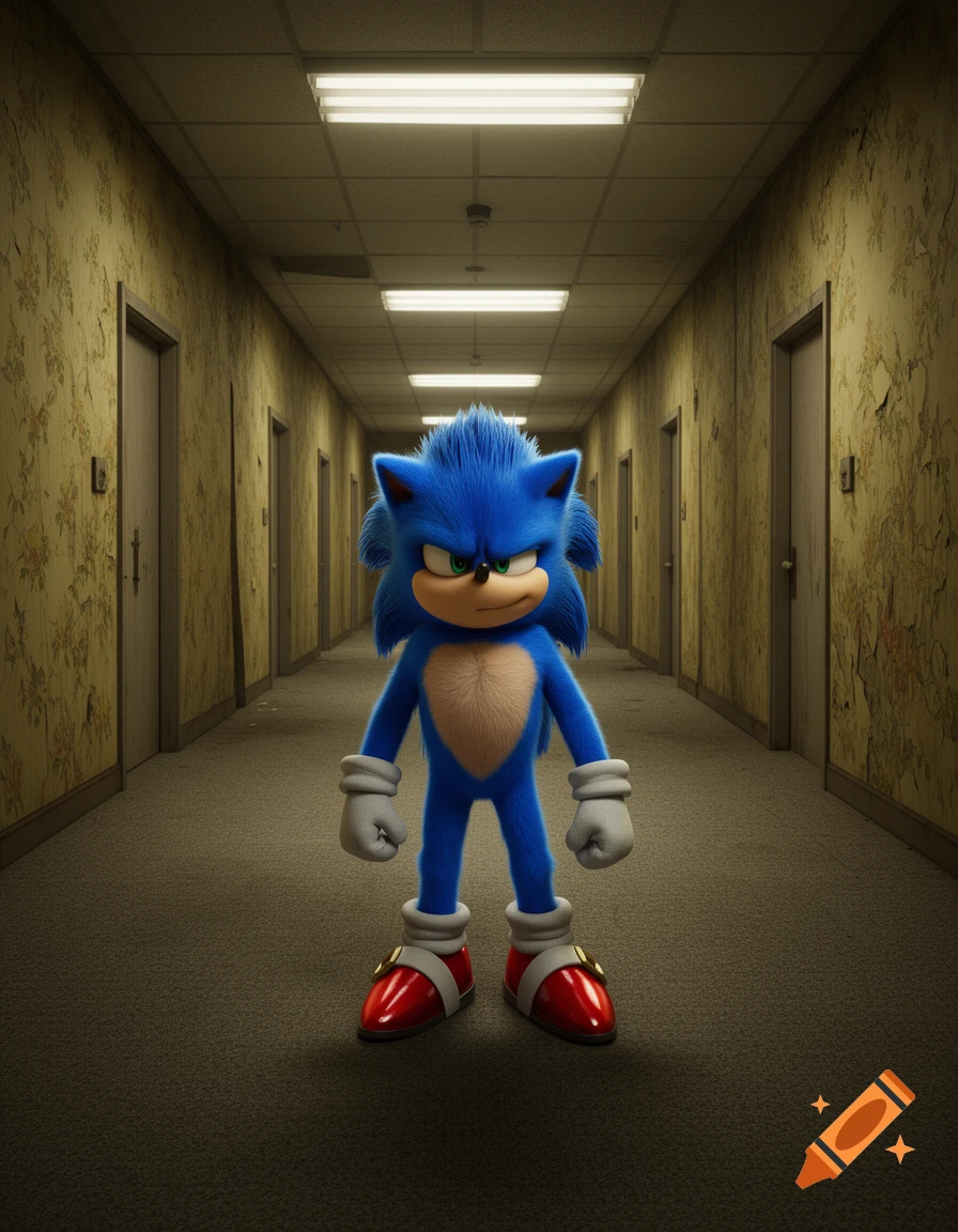 A photorealistic Sonic the Hedgehog stands in a dimly lit, worn hallway with peeling wallpaper, characteristic of the Backrooms.