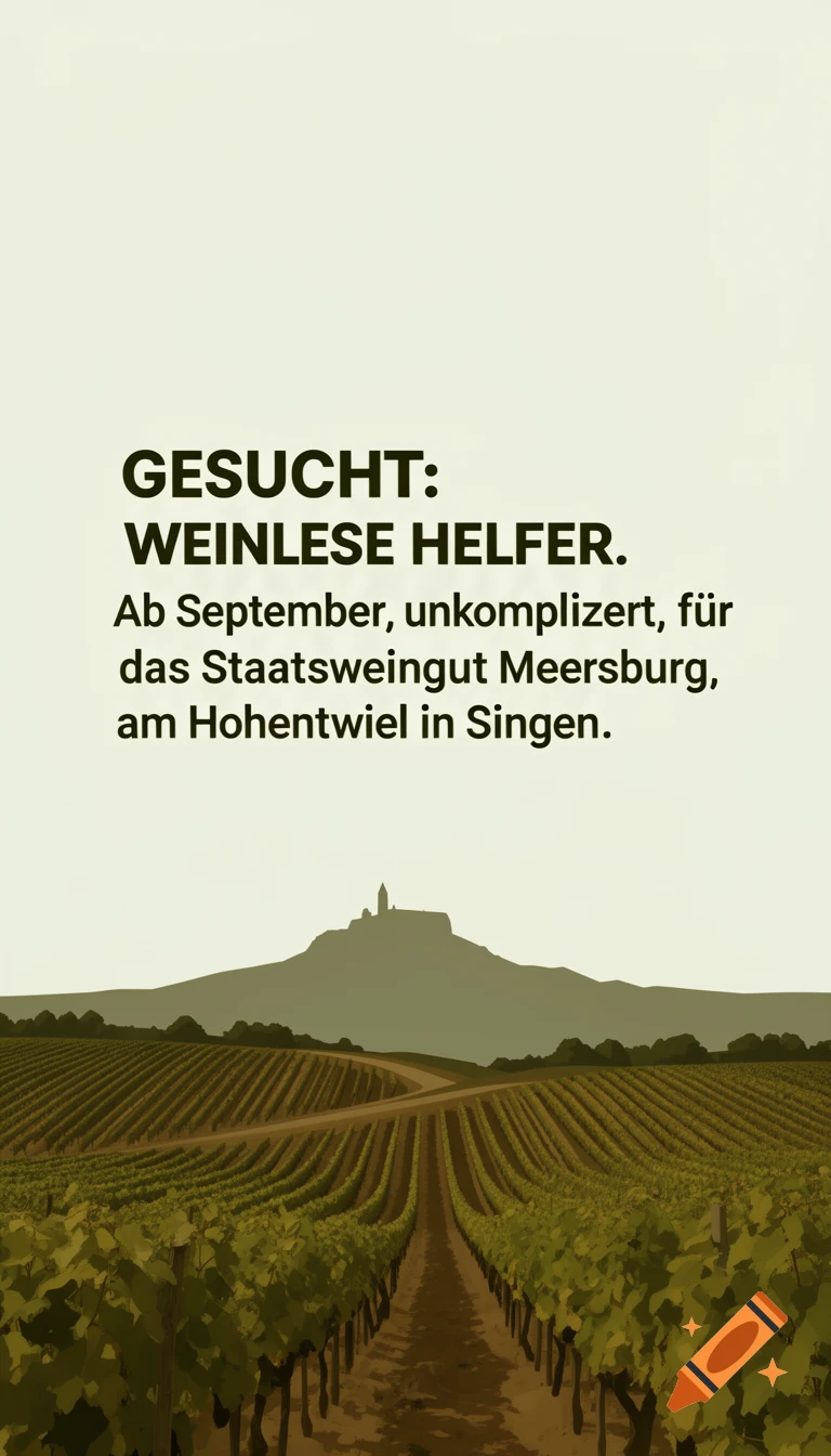 Illustration of a vineyard leading to a distant castle on a hill under a light sky, with German recruitment text overhead.