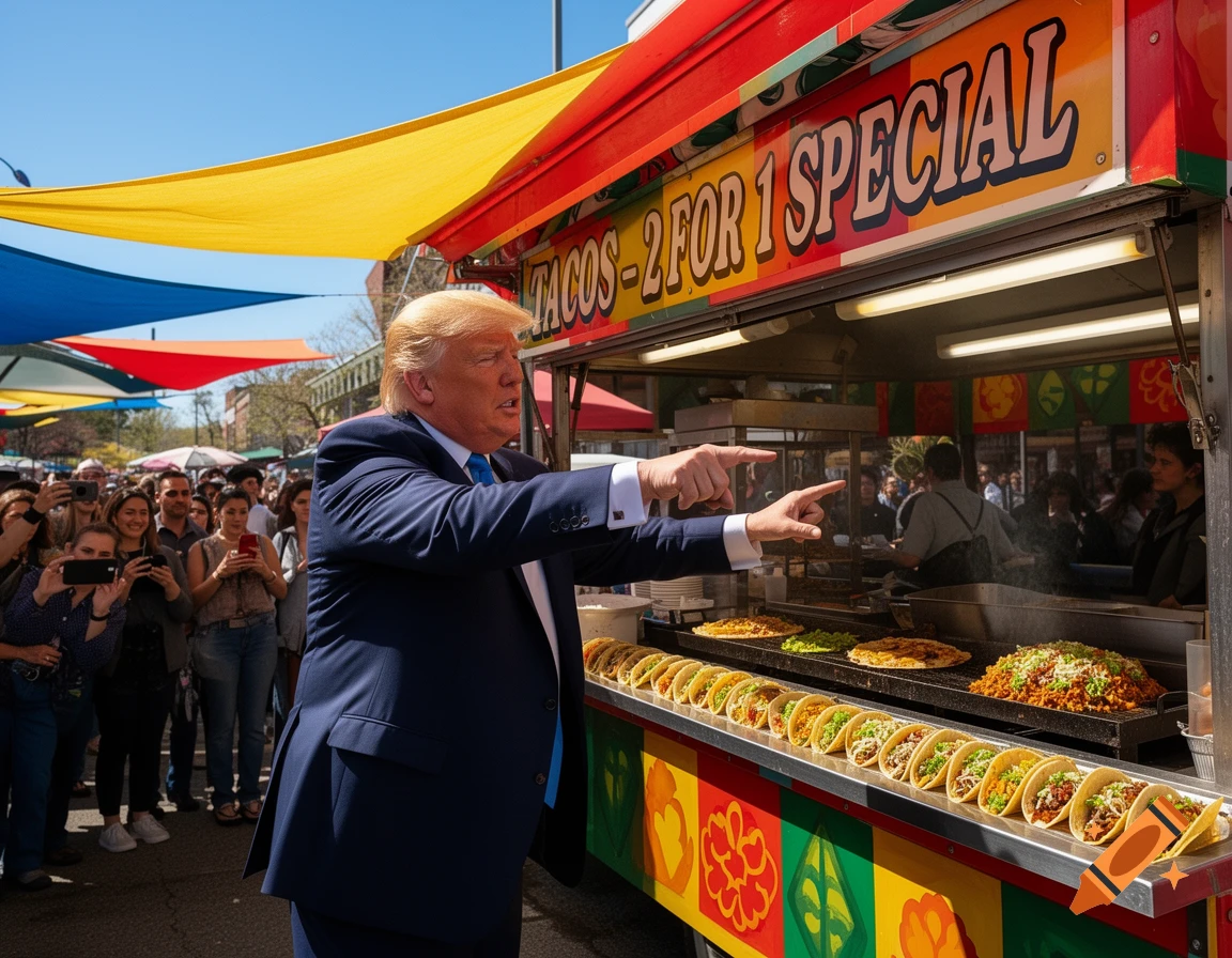 Donald Trump points at a taco stand selling '2 for 1 Special' tacos at a bustling outdoor market, with a crowd watching.
