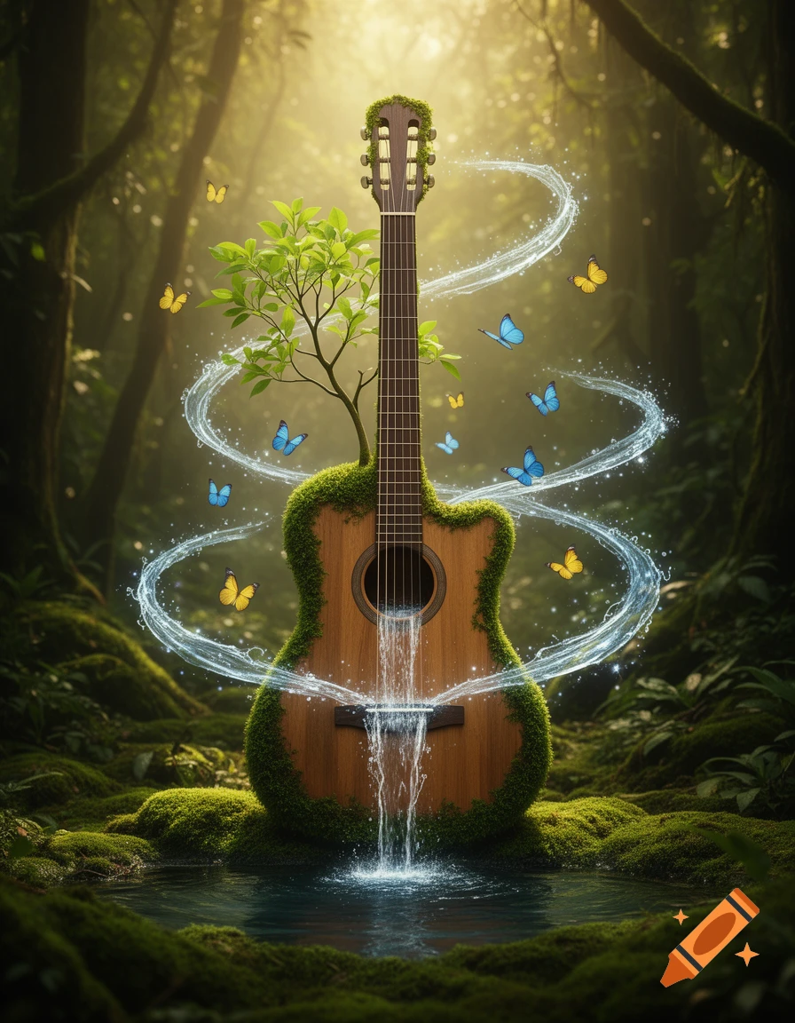 Photorealistic fantasy art of a mossy guitar with a tree growing from it, pouring water into a pool, surrounded by glowing spirals and butterflies in a sunlit forest.