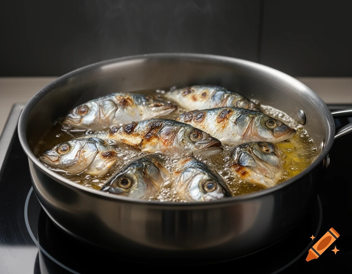 Close-up of several fish frying in a stainless steel pan with bubbling hot oil on a black stovetop.