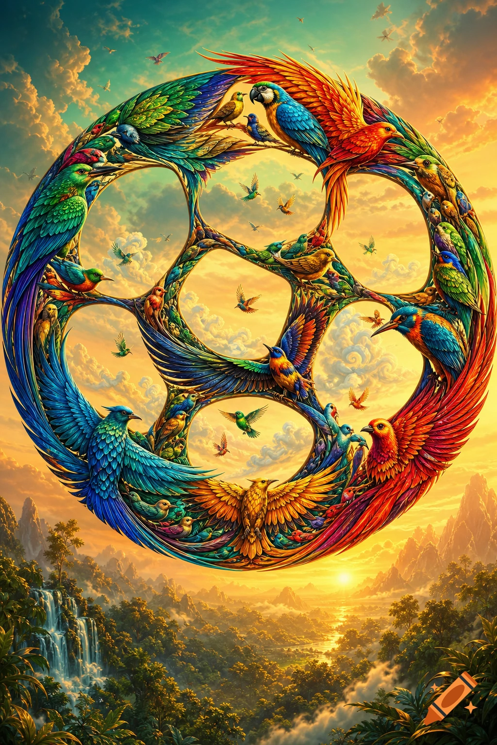 Vibrant digital art of colorful birds forming an intricate circular design above a lush tropical landscape with mountains, waterfalls, and a sunset.