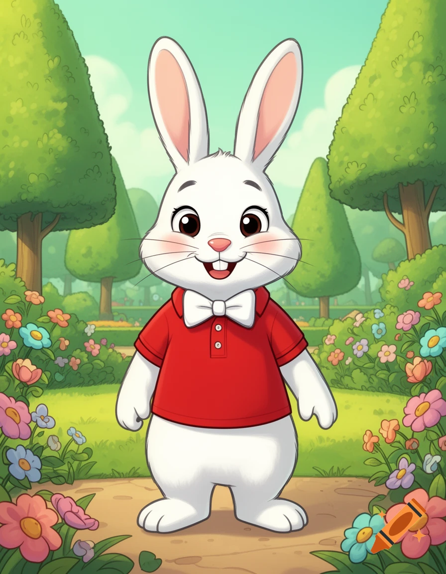 A happy white cartoon bunny in a red polo shirt and white bow tie stands in a vibrant park surrounded by colorful flowers and green trees.