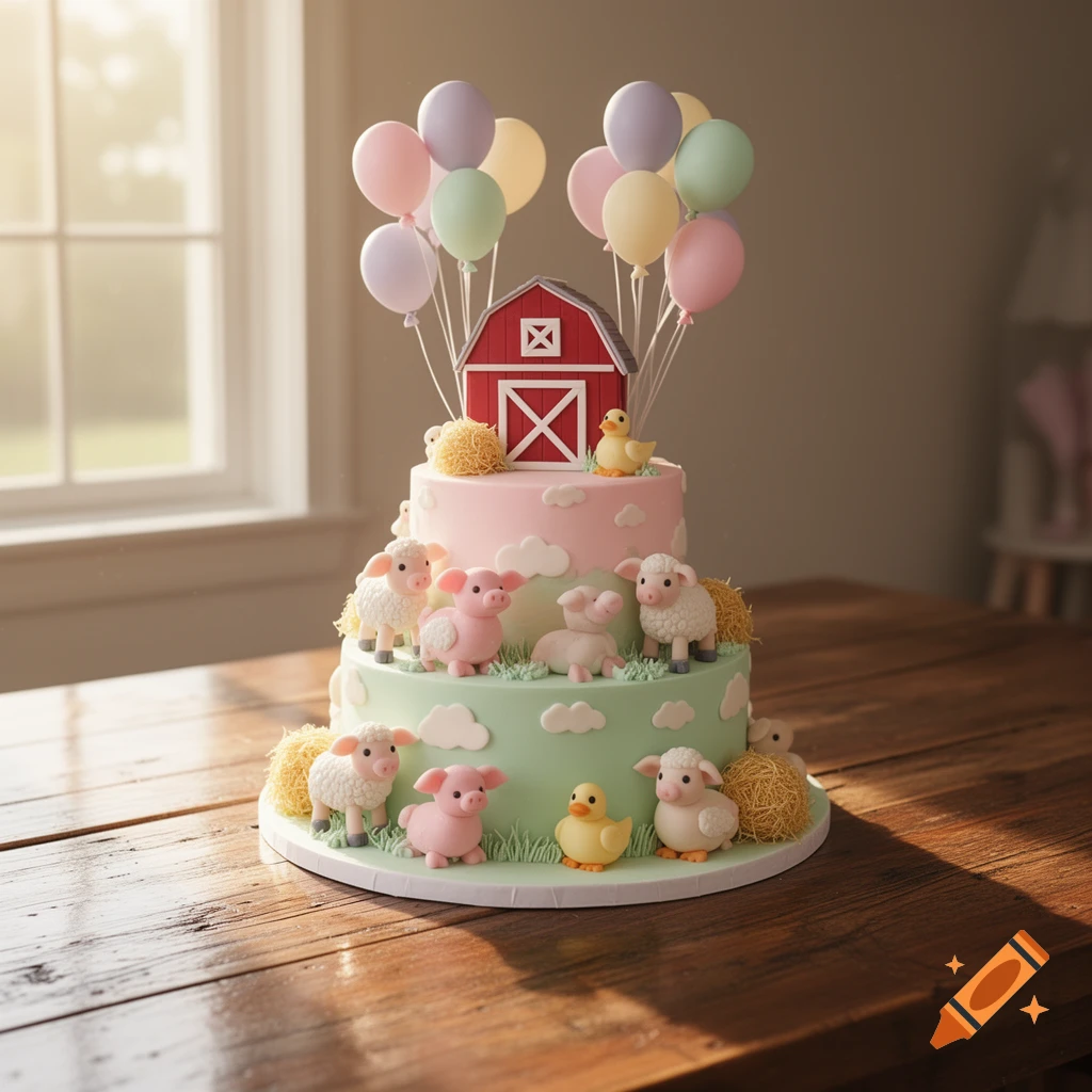 Realistic pastel farm animal themed birthday cake with fondant sheep, pigs, ducklings, a red barn, and colorful balloons.