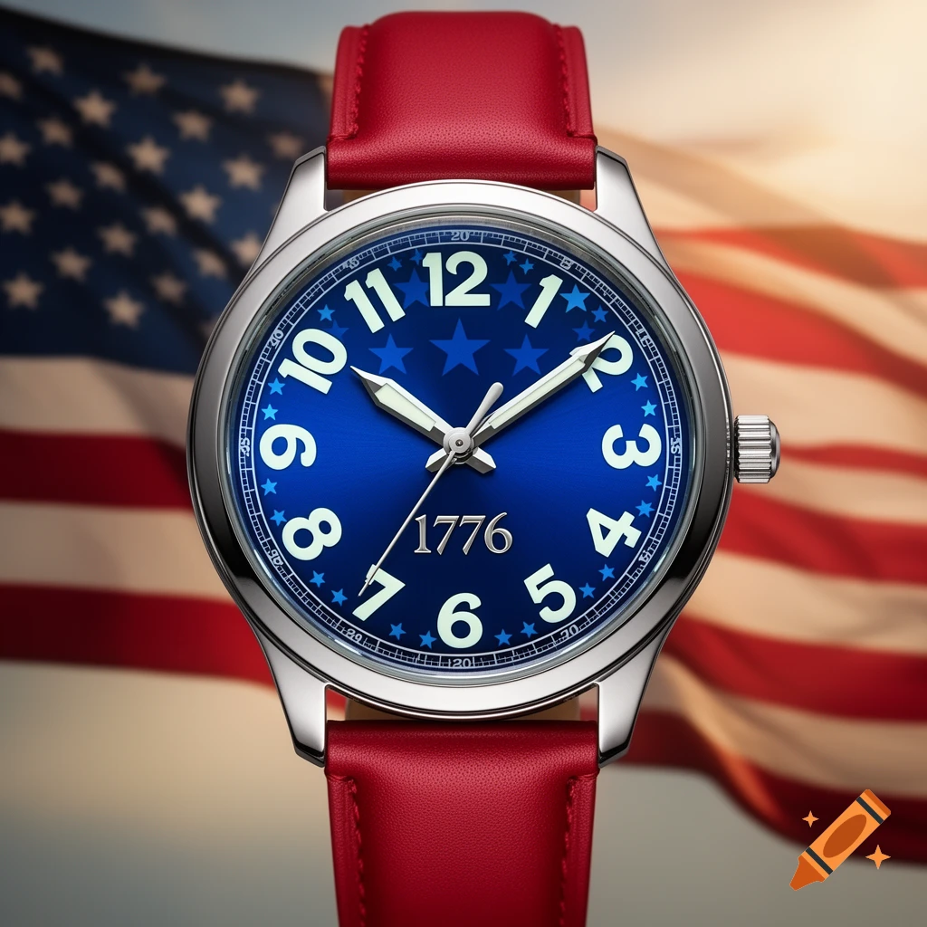 A silver watch with a red strap and blue face featuring white numbers, stars, and '1776', set against a blurred American flag.