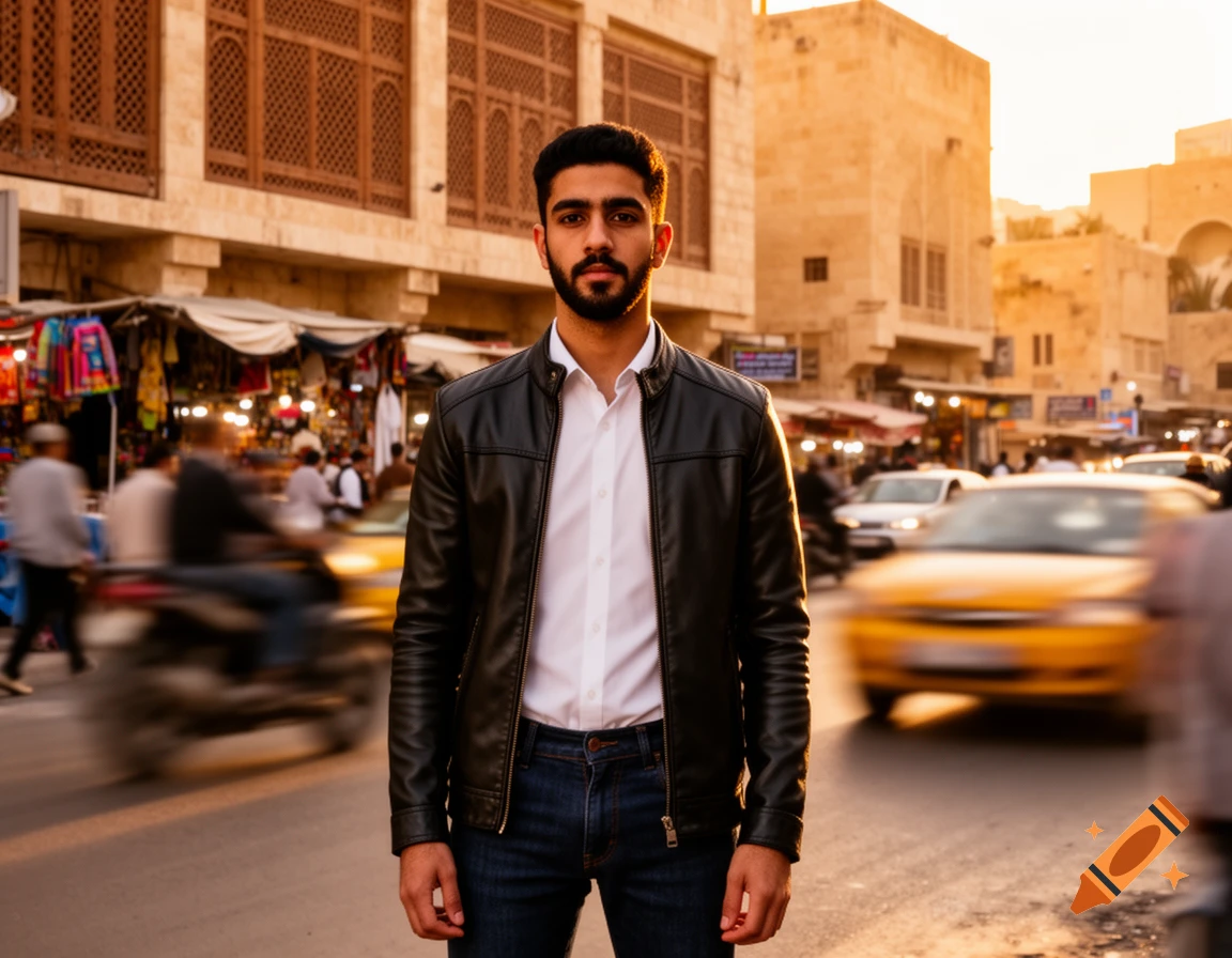 A young man with a beard, wearing a black leather jacket and white shirt, stands in a bustling street market at golden hour. Buildings and blurred traffic are in the background.