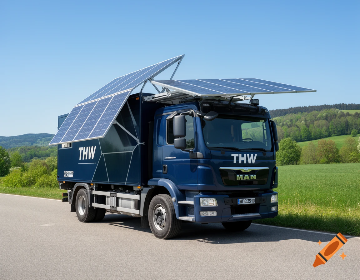 A blue THW MAN truck with side-mounted, retractable solar panels parked on a road next to a green field and distant hills under a clear blue sky.