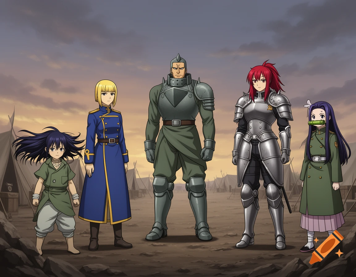 Five anime-style characters, four women and one man, stand in military and armored uniforms within a desert camp setting.