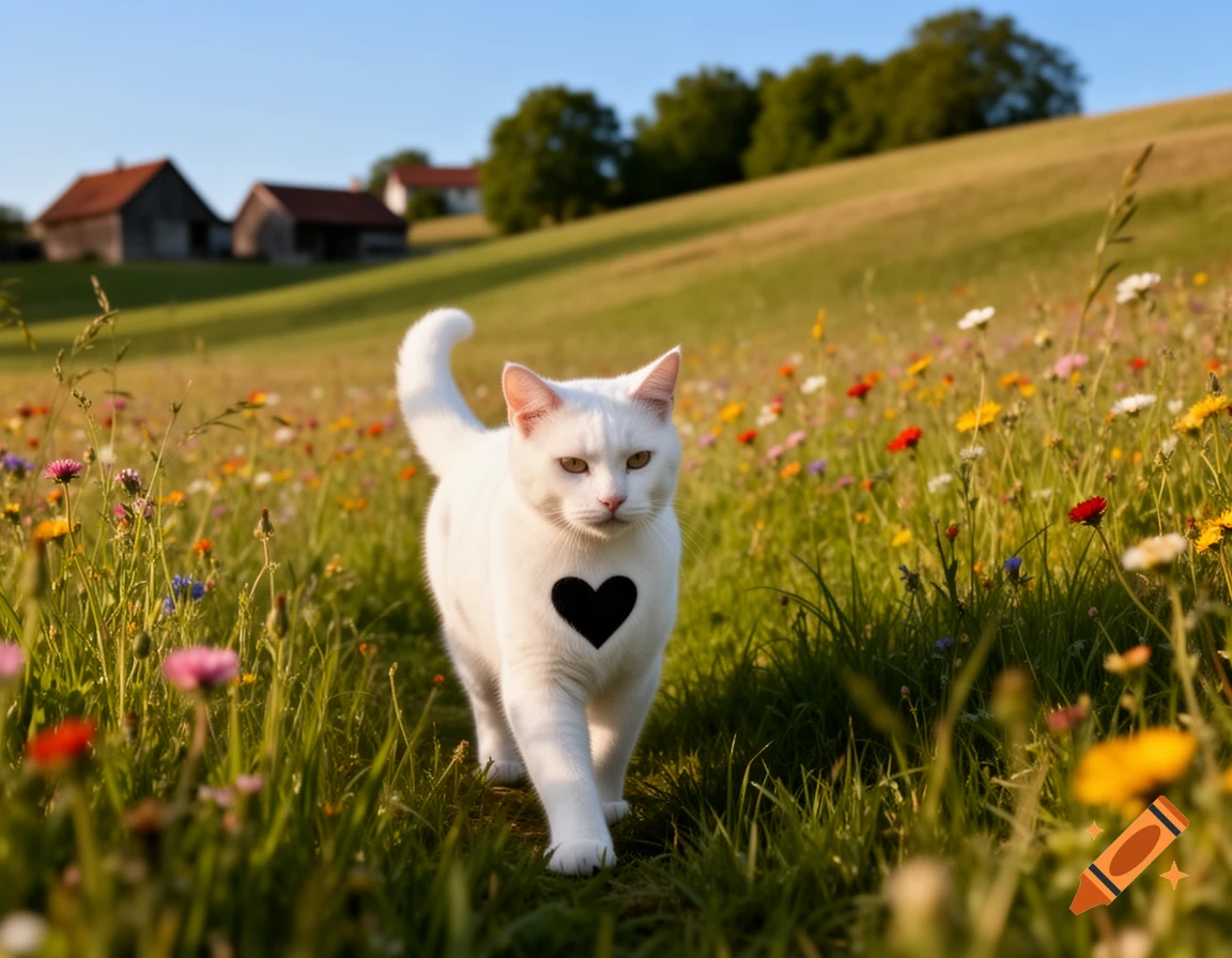 A white cat with a black heart marking on its chest walks through a sunny wildflower meadow with rural buildings in the background.