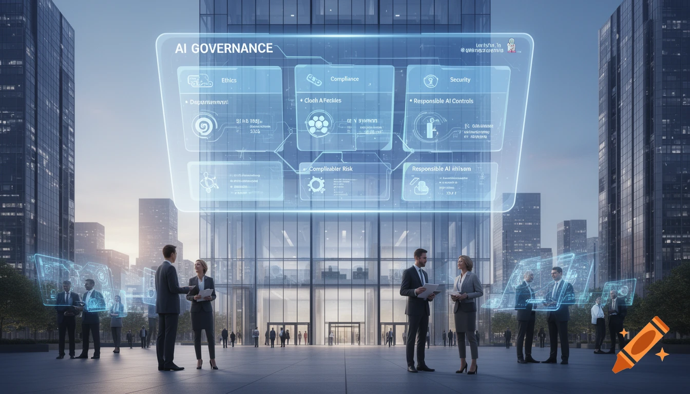 Business leaders in suits stand in a modern city square with skyscrapers, interacting with a floating holographic AI governance dashboard.