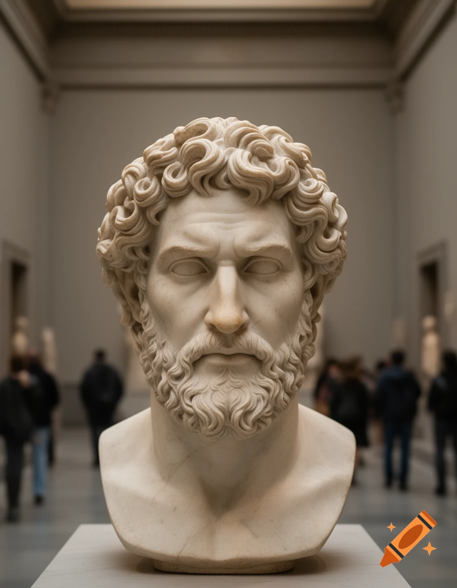 A photorealistic image of a detailed marble bust of a man with curly hair and a beard, displayed in a museum gallery.