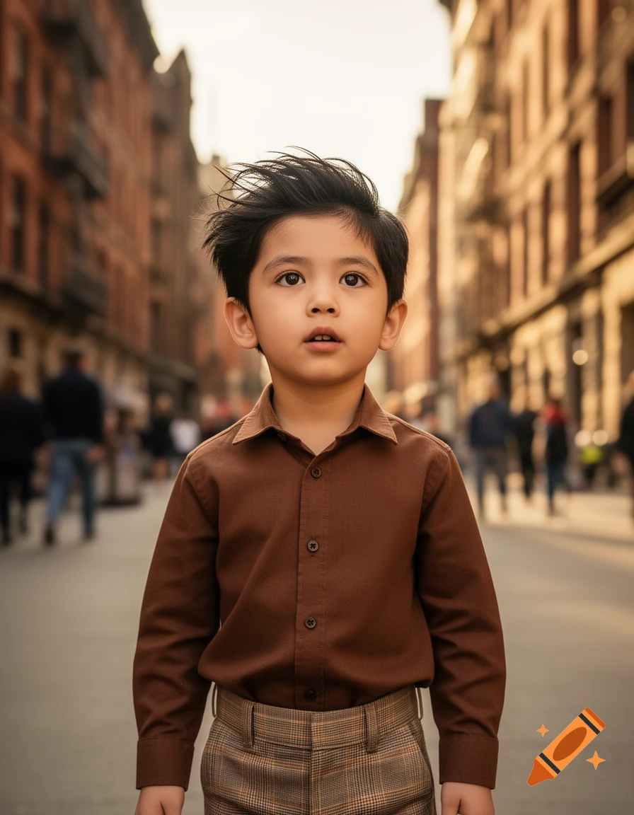 A young boy with dark hair and a brown shirt stands on an urban street, looking up with a surprised expression.