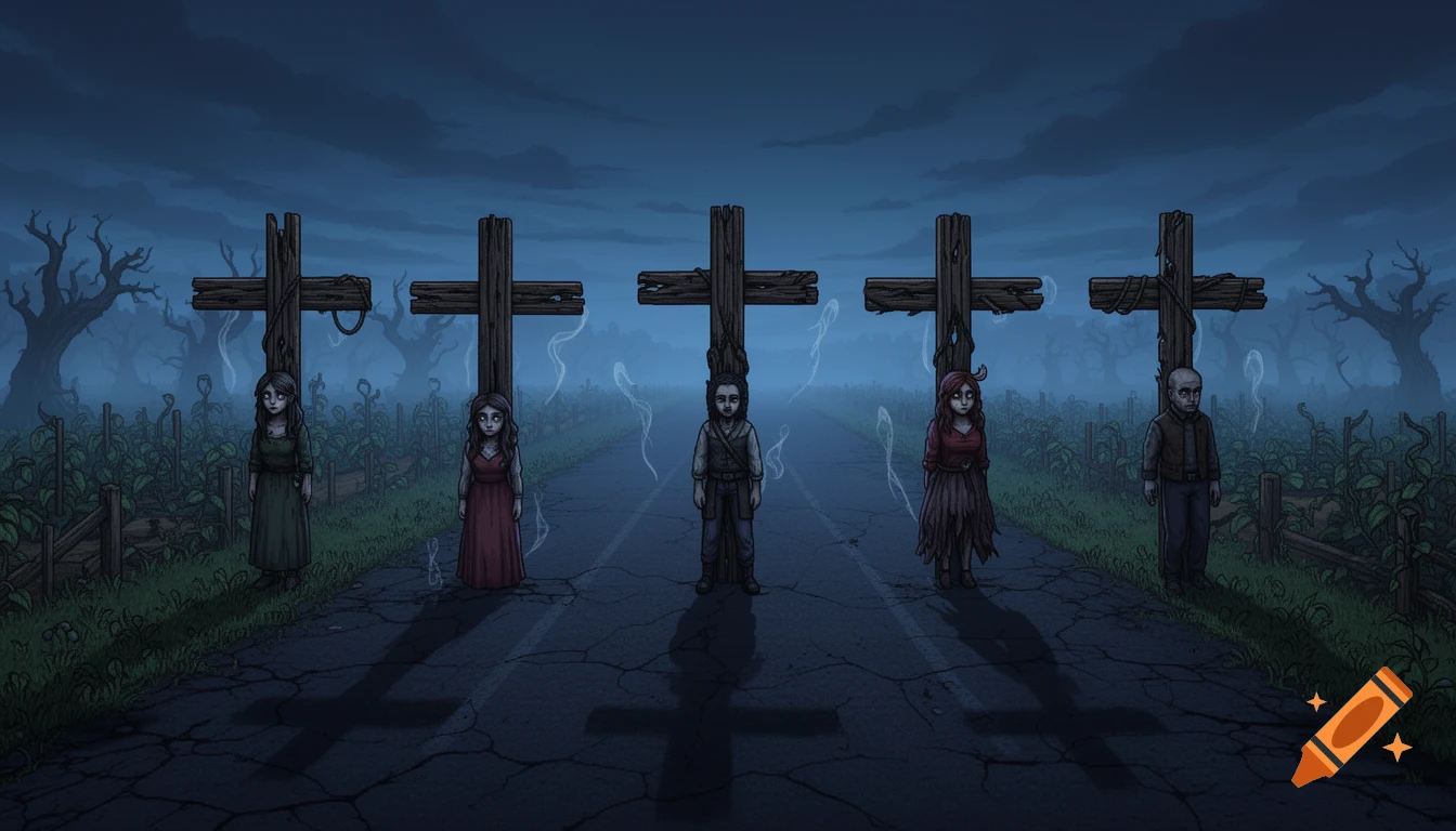 Five stylized figures stand by wooden crosses on a dark, cracked road in a gloomy, misty landscape with spooky trees.