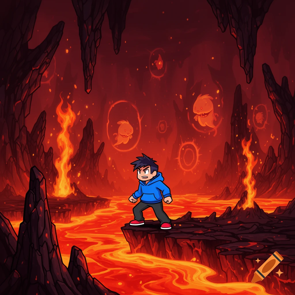 Cartoon character Dave stands ready on a rock platform in a fiery lava cave with floating ghost-like creatures.