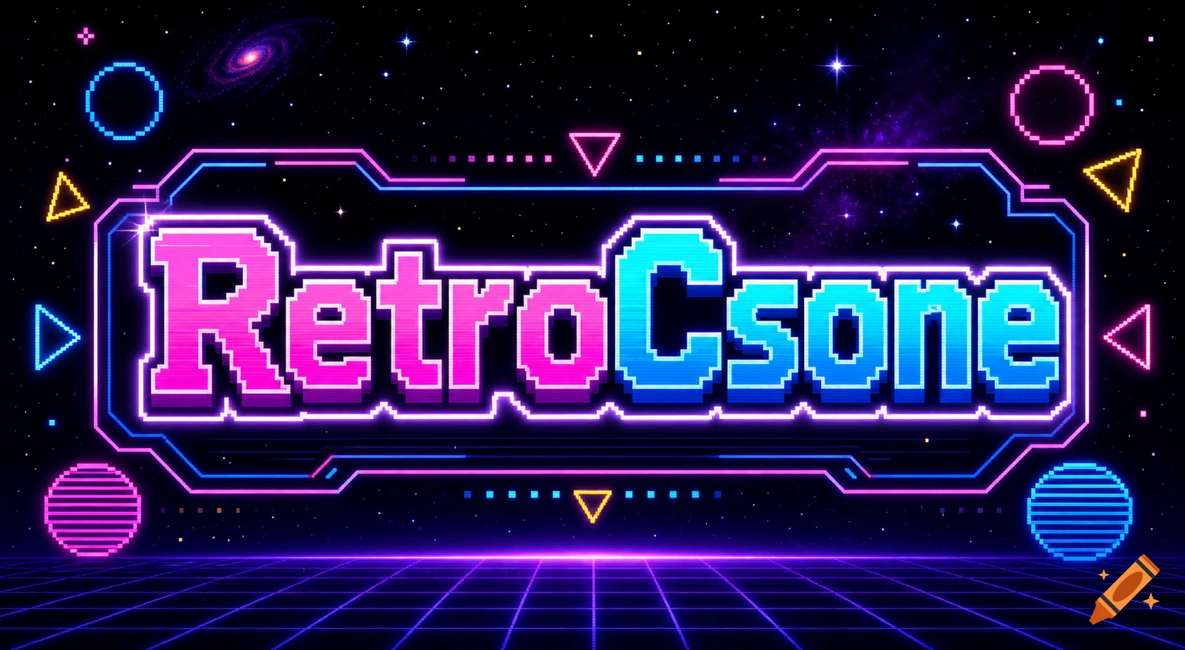 A neon pixel art logo for 'RetroCsone' in a retro-futuristic space setting with a grid floor and stars.
