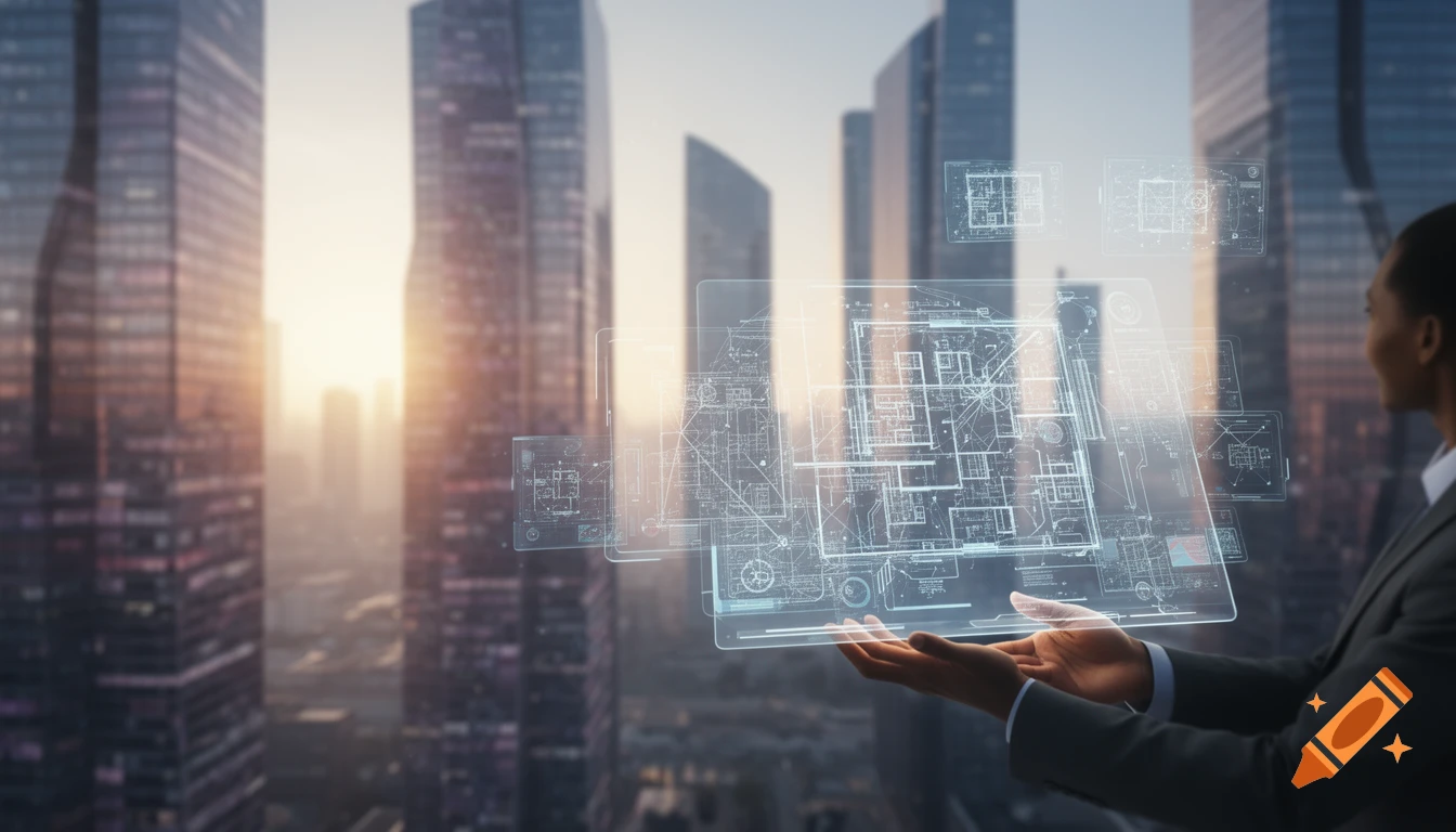 A person in a business suit holds glowing holographic blueprints above a city skyline with skyscrapers at sunset.