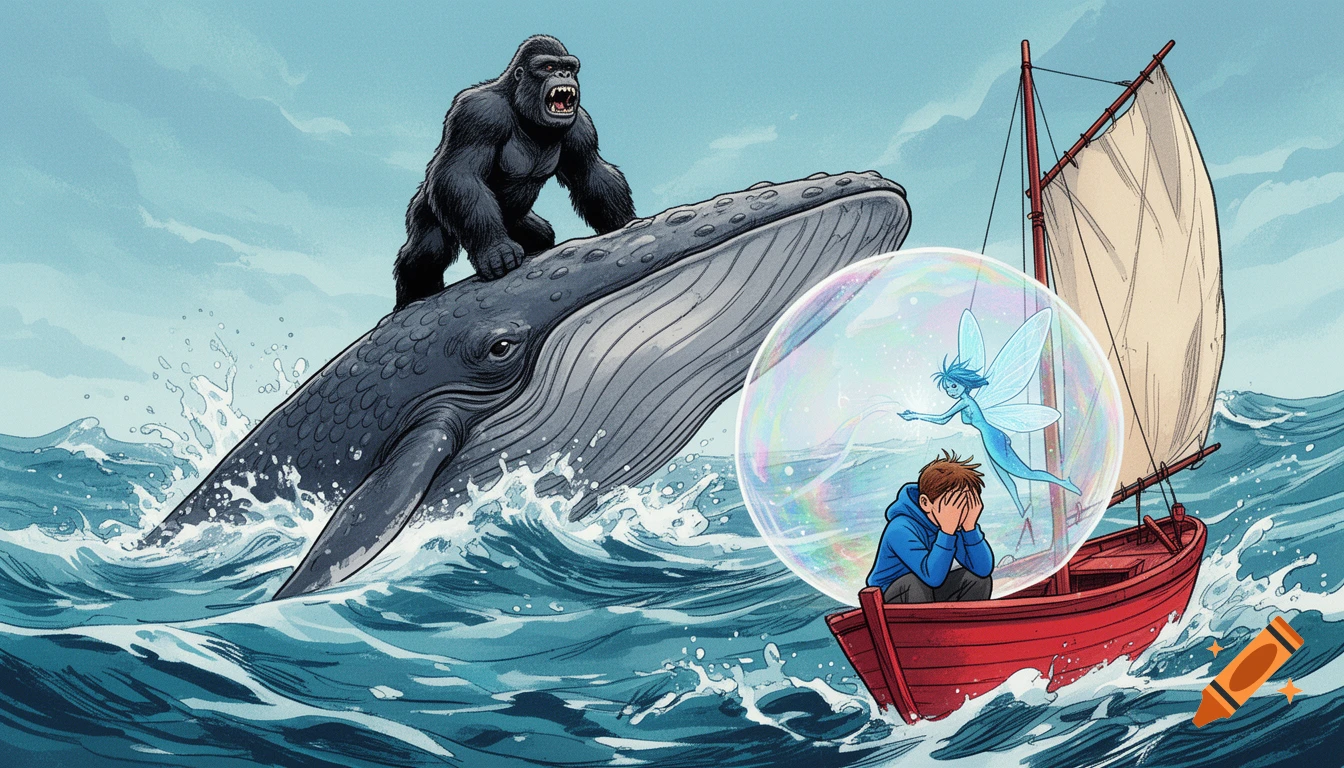 A gorilla rides a whale in a wavy ocean, while a crying boy in a sailboat is protected by a fairy in a bubble, in a comic art style.
